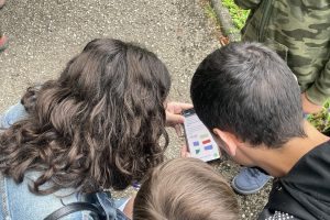 Equipo resolviendo un enigma de colores en el móvil durante una prueba de la gincana