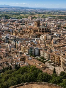 Vista panorámica de Granada con la Catedral y la vega al fondo