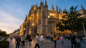 Catedral de Sevilla iluminada al atardecer con gente paseando