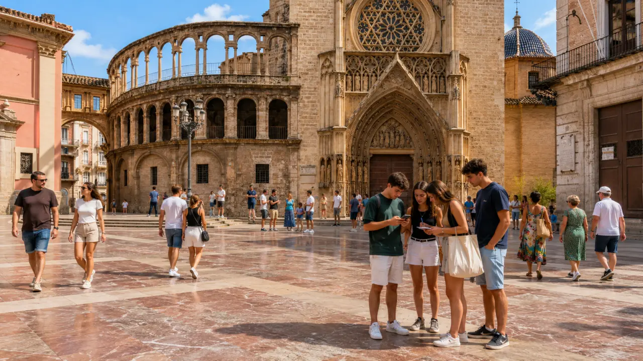 Grupo de jóvenes consultando el móvil frente a la Puerta de los Apóstoles de la Catedral, Valencia