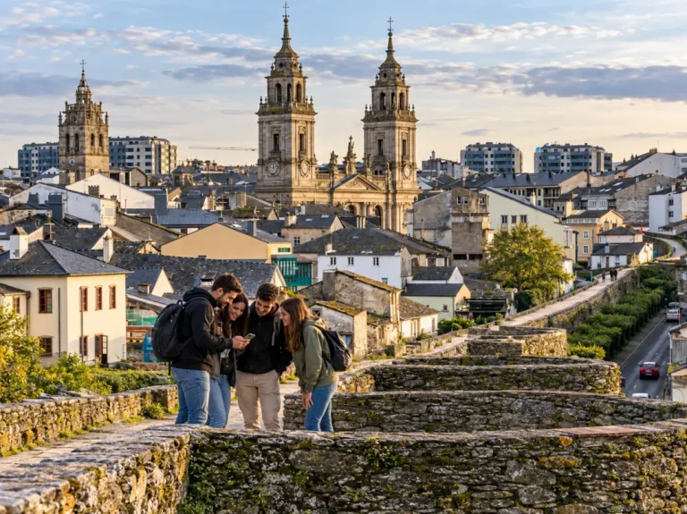 Grupo resolviendo una prueba con el móvil junto a la muralla romana de Lugo
